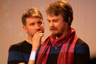 Paul Little and Roel Fox – Artificial Intelligence Improvisation by Improbotics at the Attenborough Arts Centre, Leicester Comedy Festival 2022 – Photo by Stuart Hollis